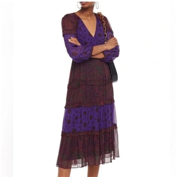 New BA&SH Gypsie Tiered Printed Crepe Midi Dress Purple Violet NWT Bohemian 4 - Picture 1 of 15